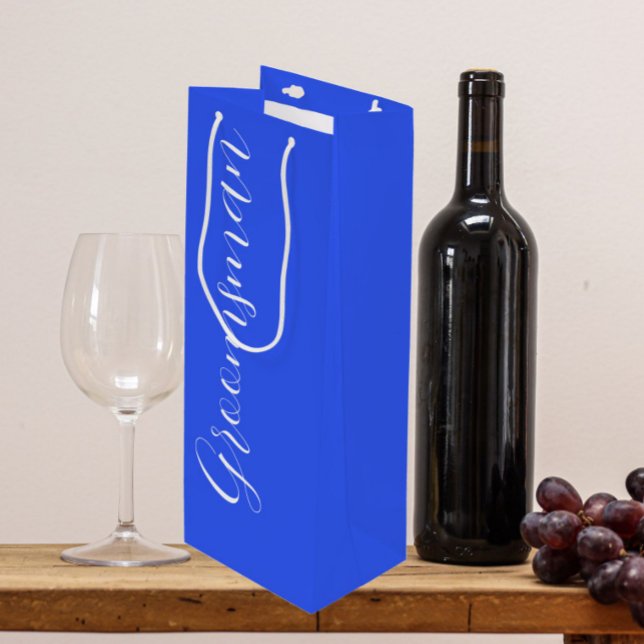 Royal Blue Stylised Script Wedding Groomsman Wine Gift Bag (In Situ)