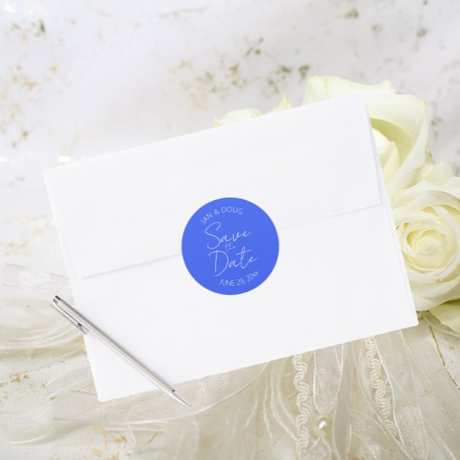 Royal Blue Stylised Wedding Save the Date Classic Round Sticker (In Situ Wedding)