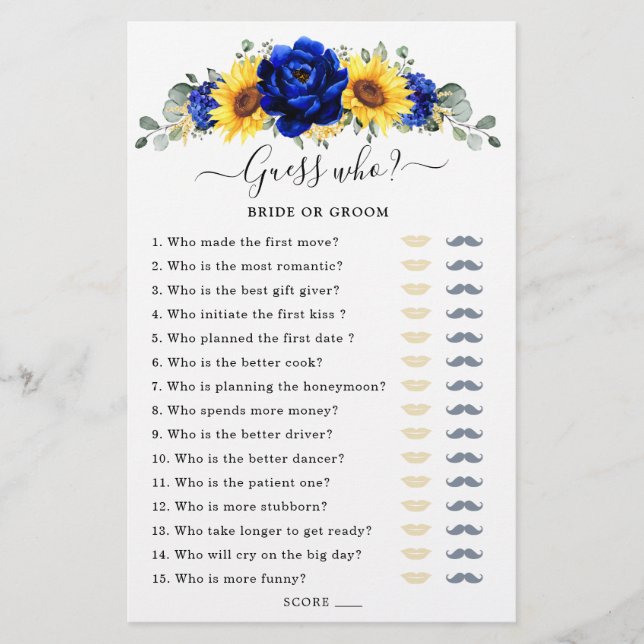 Royal Blue Sunflower Bridal Shower Game Guess Who (Front)