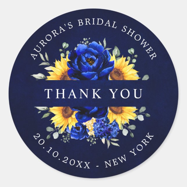 Royal Blue Sunflower Bridal shower thank you Class Classic Round Sticker (Front)