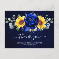 Royal Blue Sunflower Bridal Shower Thank you Postc