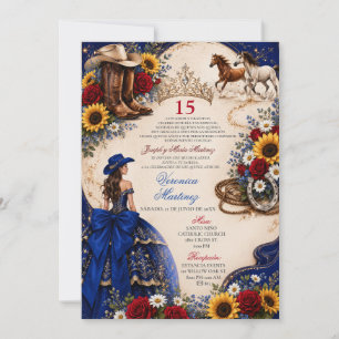 Royal Blue Sunflower Cowgirl Quinceañera  Invitation