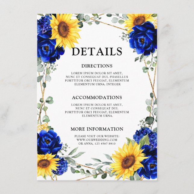 Royal Blue Sunflower Geometric Wedding Details  Enclosure Card (Front)
