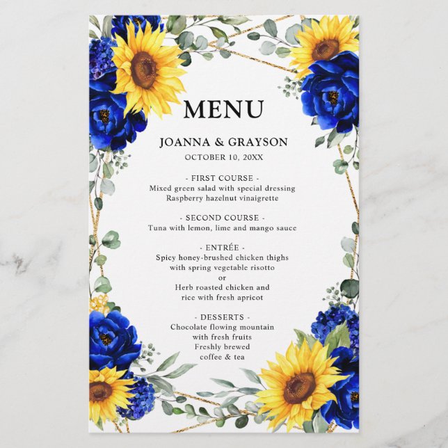 Royal Blue Sunflower Geometric Wedding Menu     (Front)