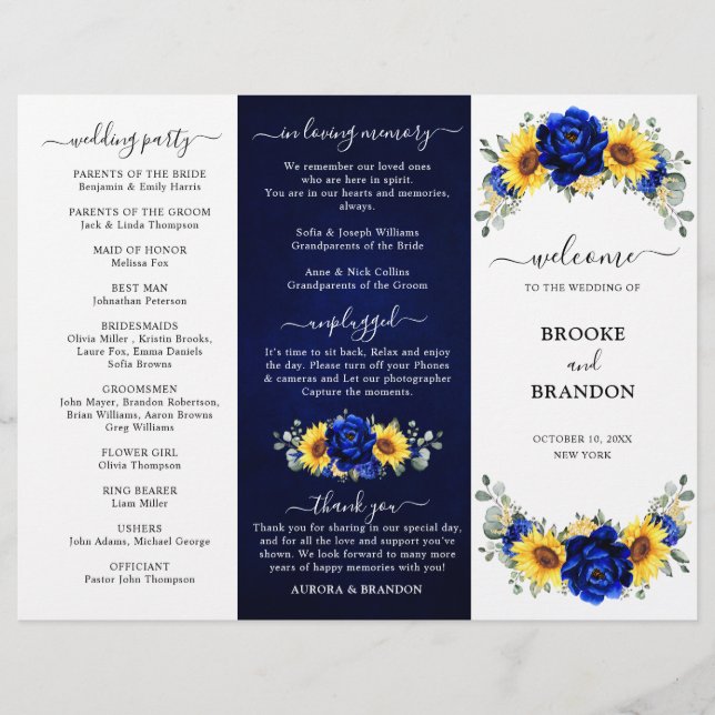 Royal Blue Sunflower Wedding Tri-fold Program card (Front)