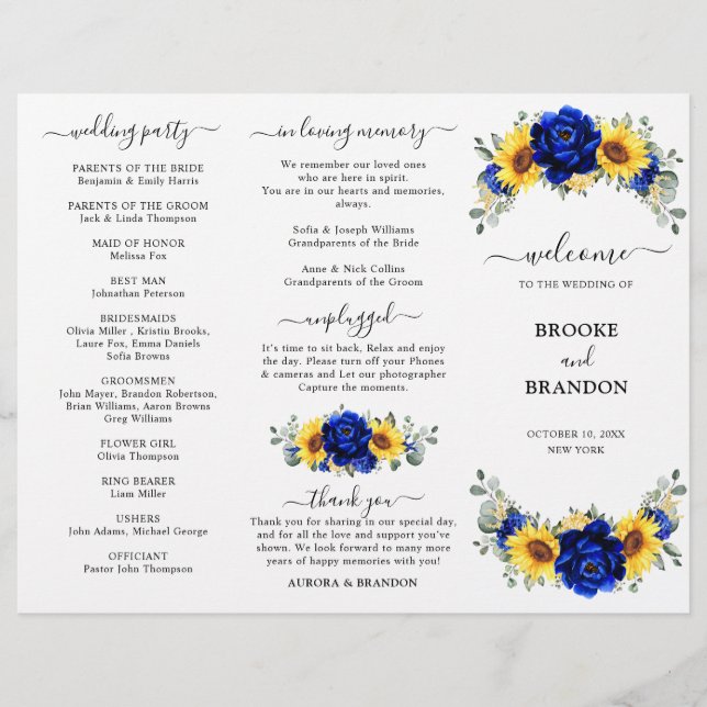 Royal Blue Sunflower Wedding Tri-fold Program card (Front)