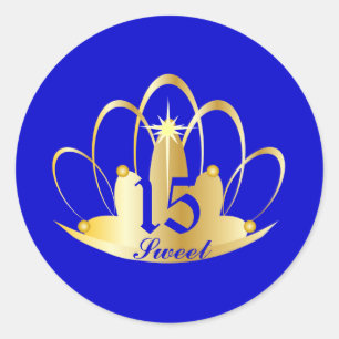 Royal Blue Sweet 15 Tiara Sticker-Customise Classic Round Sticker