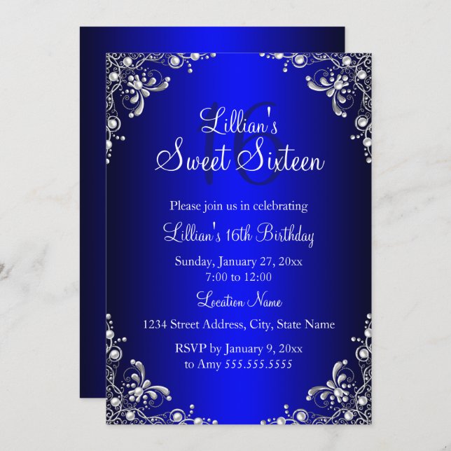 Royal Blue Sweet 16 Silver Pearl Damask Invitation (Front/Back)