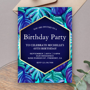 Royal Blue Teal Gold Foil Tropical Leaves Birthday Invitation