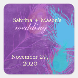 Royal Blue, Teal, Purple Peacock Wedding Square Sticker