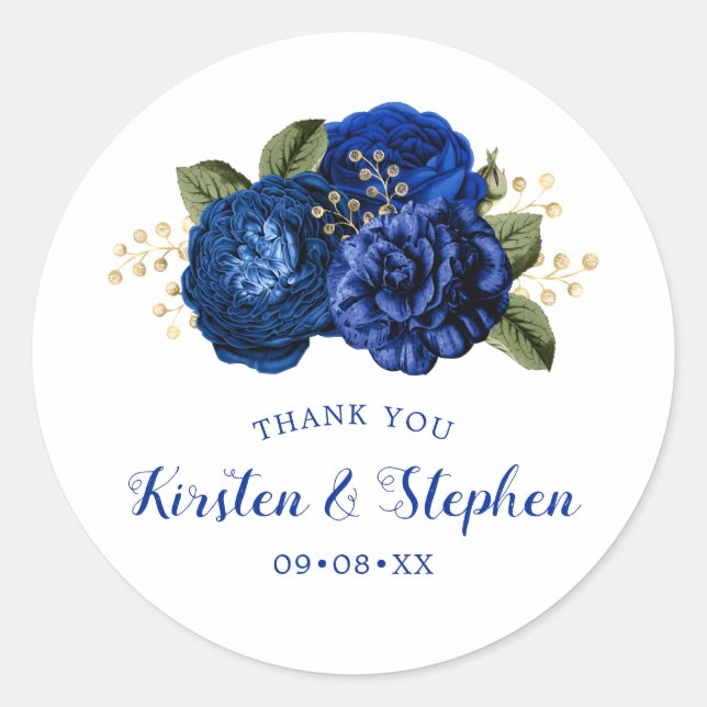 Royal Blue Thank You Wedding Bridal Shower Favour Classic Round Sticker (Front)