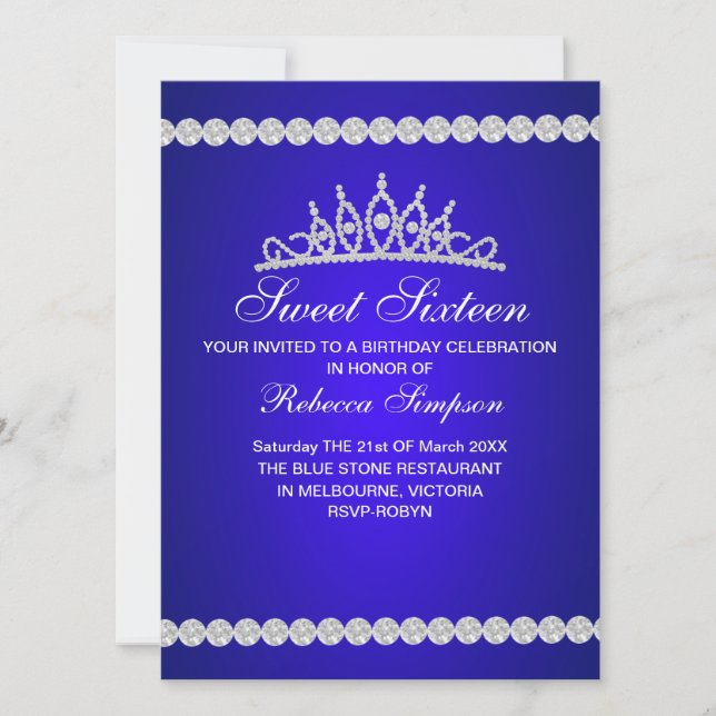 Royal Blue Tiara Sweet Sixteen Birthday Invitation (Front)