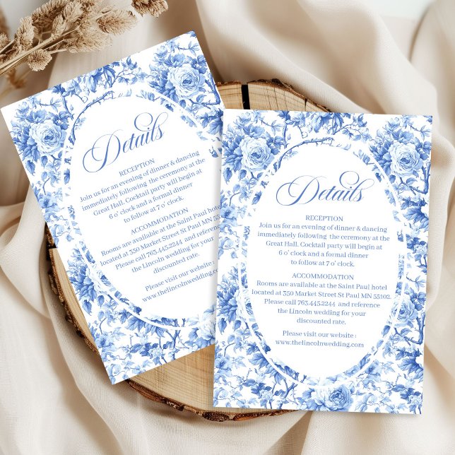Royal blue toile floral wedding accommodation  enclosure card (Royal blue toile floral wedding accommodation details card

)