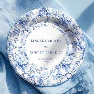 Royal blue toile floral wedding party paper plates
