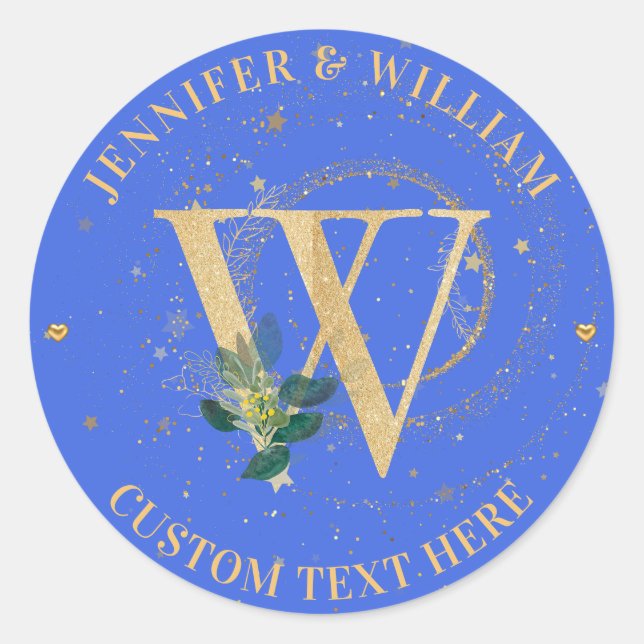 Royal Blue Topography Monogram Gold W Wedding Classic Round Sticker (Front)