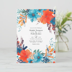 Royal Blue, Turquoise and Coral Floral Wedding Invitation