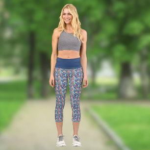 Royal Blue Turquoise Orange Floral Vintage Paisley Capri Leggings