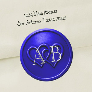 Royal Blue Two Hearts Silver Monogram Wedding Classic Round Sticker