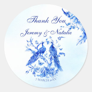 Royal blue Victorian peacock watercolor wedding Classic Round Sticker