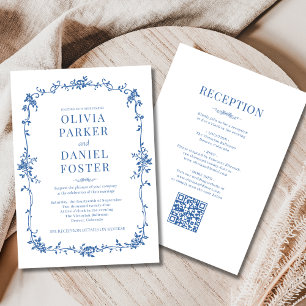 Royal Blue Victorian QR Code All in One Wedding  Invitation