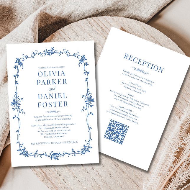 Royal Blue Victorian QR Code All in One Wedding  Invitation (Creator Uploaded)