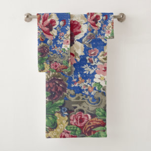 Royal Blue Victorian Rose Ornamental Pattern Bath Towel Set