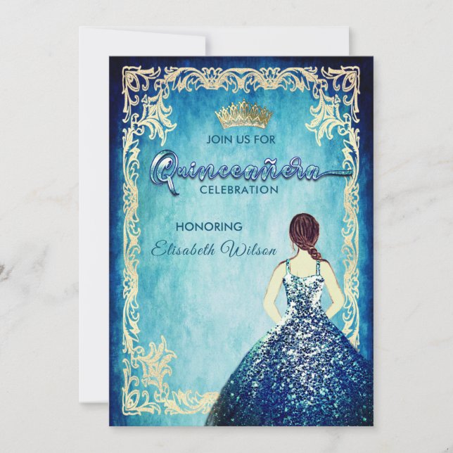 Royal blue Vintage girl tiara Quinceañera   Invitation (Front)