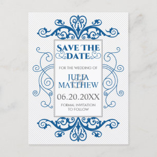 Royal Blue Vintage Swirls Wedding Save The Date Announcement Postcard