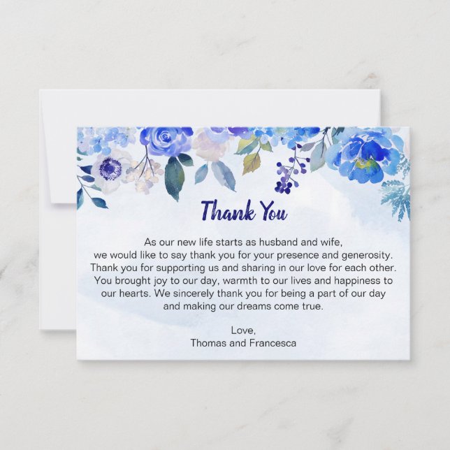 Royal Blue Watercolor Floral Thank You Card (Front)
