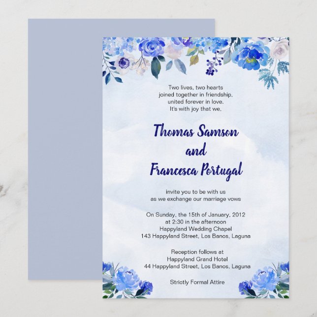 Royal Blue Watercolor Floral Wedding Invitation (Front/Back)