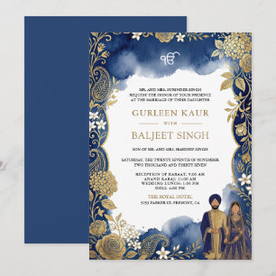 Royal Blue Watercolor Gold Paisley Sikh Wedding Invitation