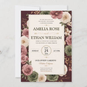 Royal Blue Watercolor Leaf Wedding Invitation