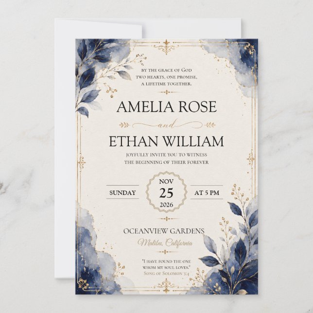 Royal Blue Watercolor Leaf Wedding Invitation (Front)