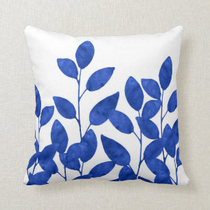 Royal Blue Watercolor Leaves Cushion