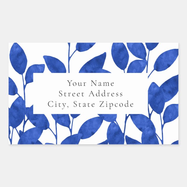 Royal Blue Watercolor Leaves labels (Front)