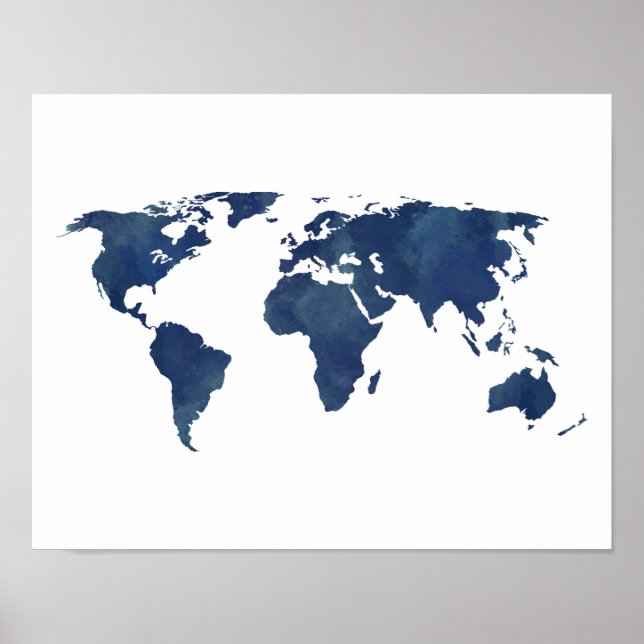 Royal Blue Watercolor World Map Poster (Front)