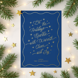 Royal Blue Wavy Border Sparkle Modern Holiday Card