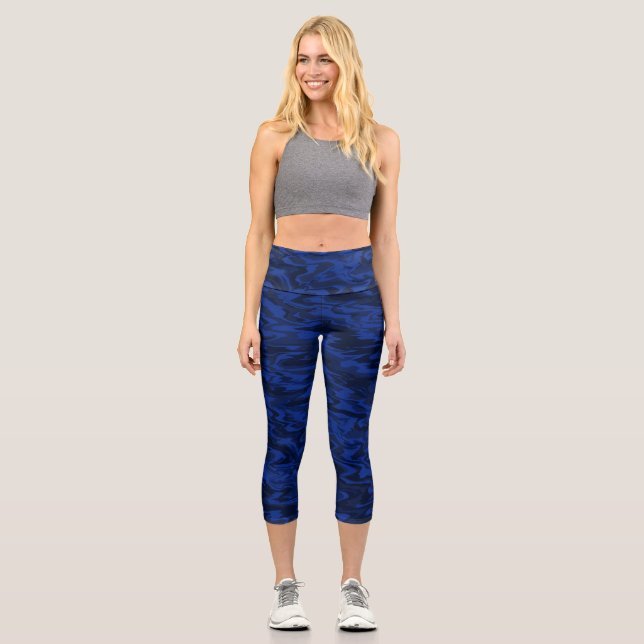 Royal Blue Wavy Water Pattern Capri Leggings (Front)