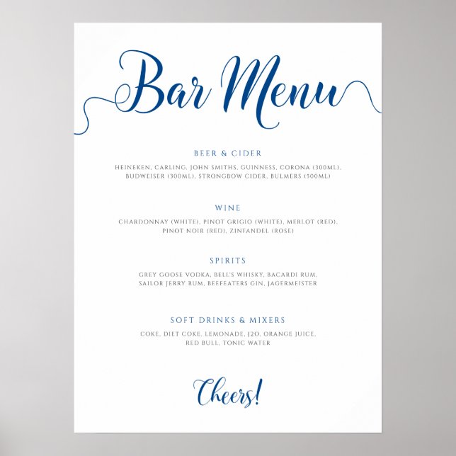 Royal Blue Wedding Drinks Menu Poster (Front)