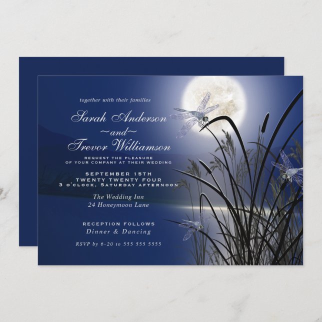 Royal Blue Wedding Full Moon Dragonfly Pond  Invitation (Front/Back)
