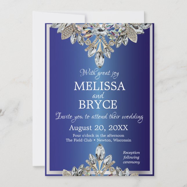 Royal blue wedding invitation with diamonds (Front)