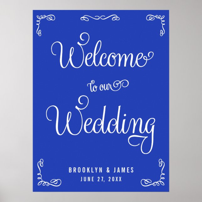 Royal Blue Wedding Reception Sign With Swirls (Front)