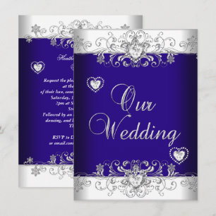 Royal Blue Wedding Silver Diamond Hearts 2 Invitation