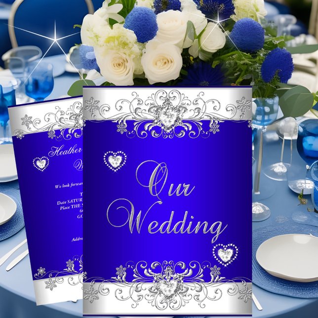 Royal blue Wedding Silver White Diamond Hearts Invitation (Creator Uploaded)