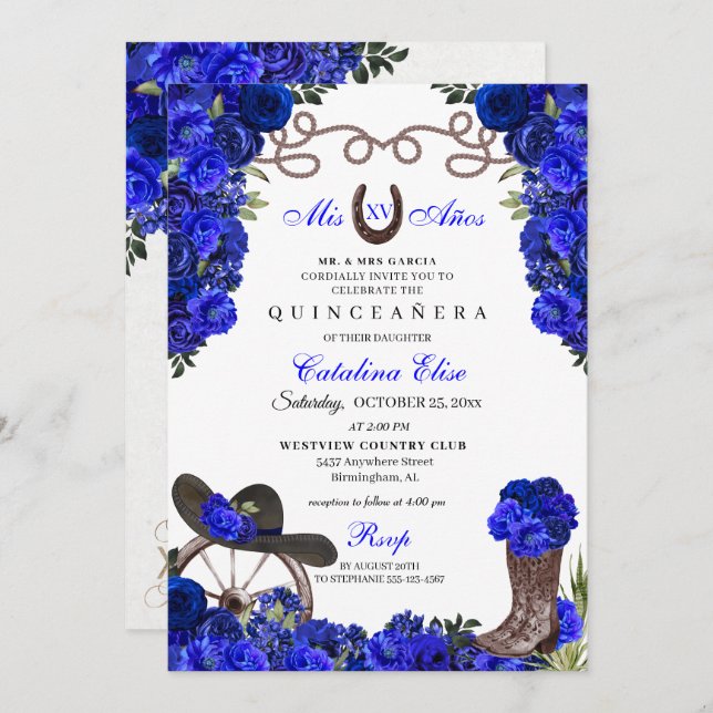 Royal Blue Western Ranchero Quinceanera Invitation (Front/Back)