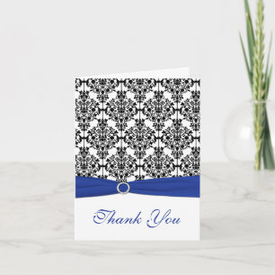 Royal Blue, White, and Black Damask Thank You Card