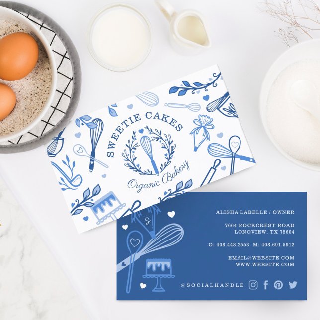 Royal Blue & White Baking & Cooking Utensil Bakery Business Card (Creator Uploaded)