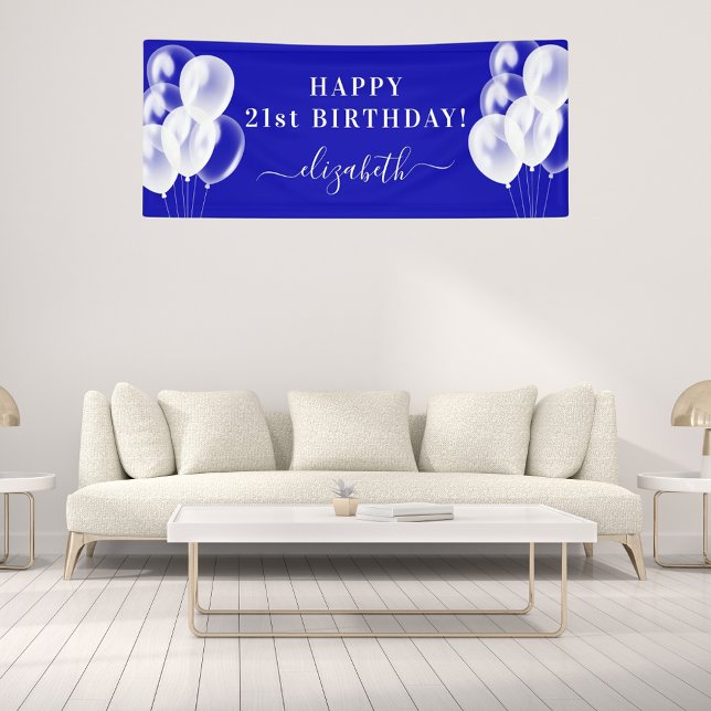 Royal blue white balloons name script birthday banner (Creator Uploaded)
