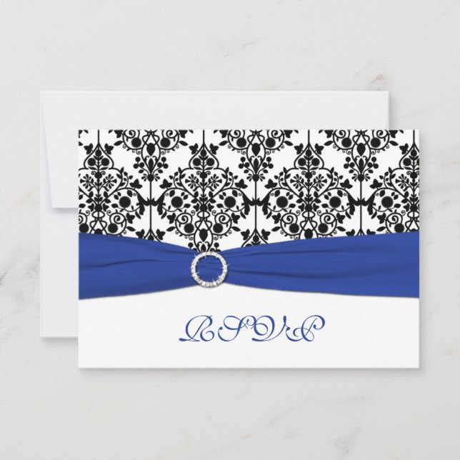 Royal Blue, White, Black Damask Reply Card (Front)