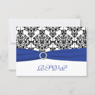 Royal Blue, White, Black Damask Reply Card